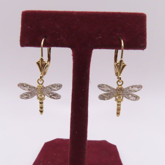 14K Two Tone Yellow & White Gold Dragonfly Dangle Earrings 1" 1.7g