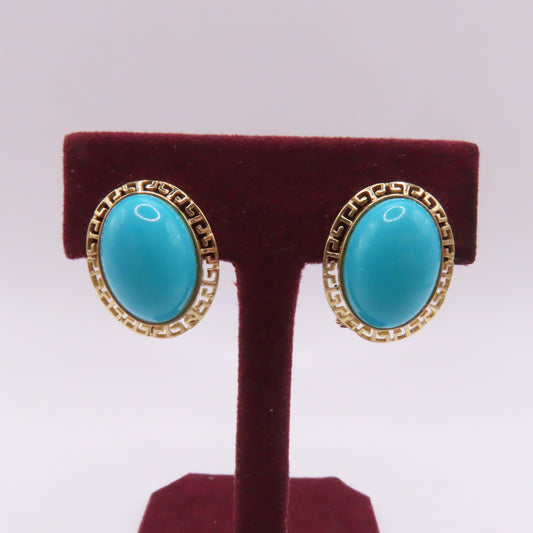 14K Yellow Gold Oval Turquoise Cabochon Omega Back Earrings 4.6g
