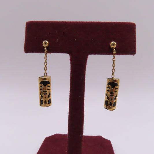 18K Yellow Gold Black Bar Tiki Tribal Dangle Earrings 1" 1.3g