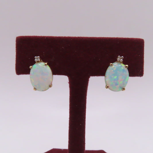 10K Yellow Gold Oval Opal Cabochon and Diamond Stud Earrings 1.6g