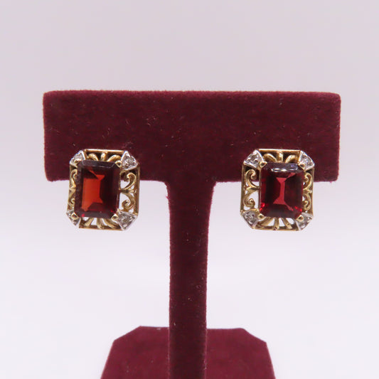 14K Yellow Gold Emerald Cut Red Gemstone & Diamond Ornate Stud Earrings 2.8g