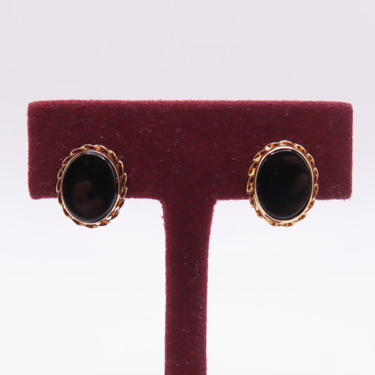 14K Yellow Gold Oval Black Onyx Rope Bezel Stud Earrings 1.7g