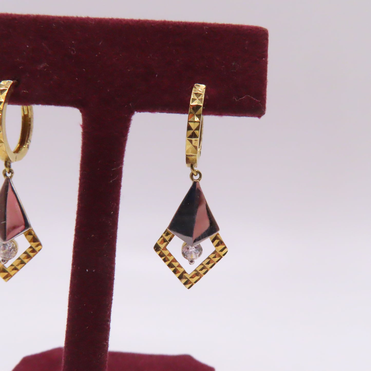 10K Two Tone Yellow & White Gold Kite Geometric Dangle Earrings 1" 1.9g