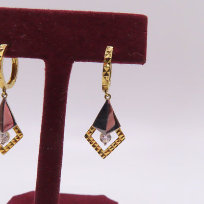 10K Two Tone Yellow & White Gold Kite Geometric Dangle Earrings 1" 1.9g