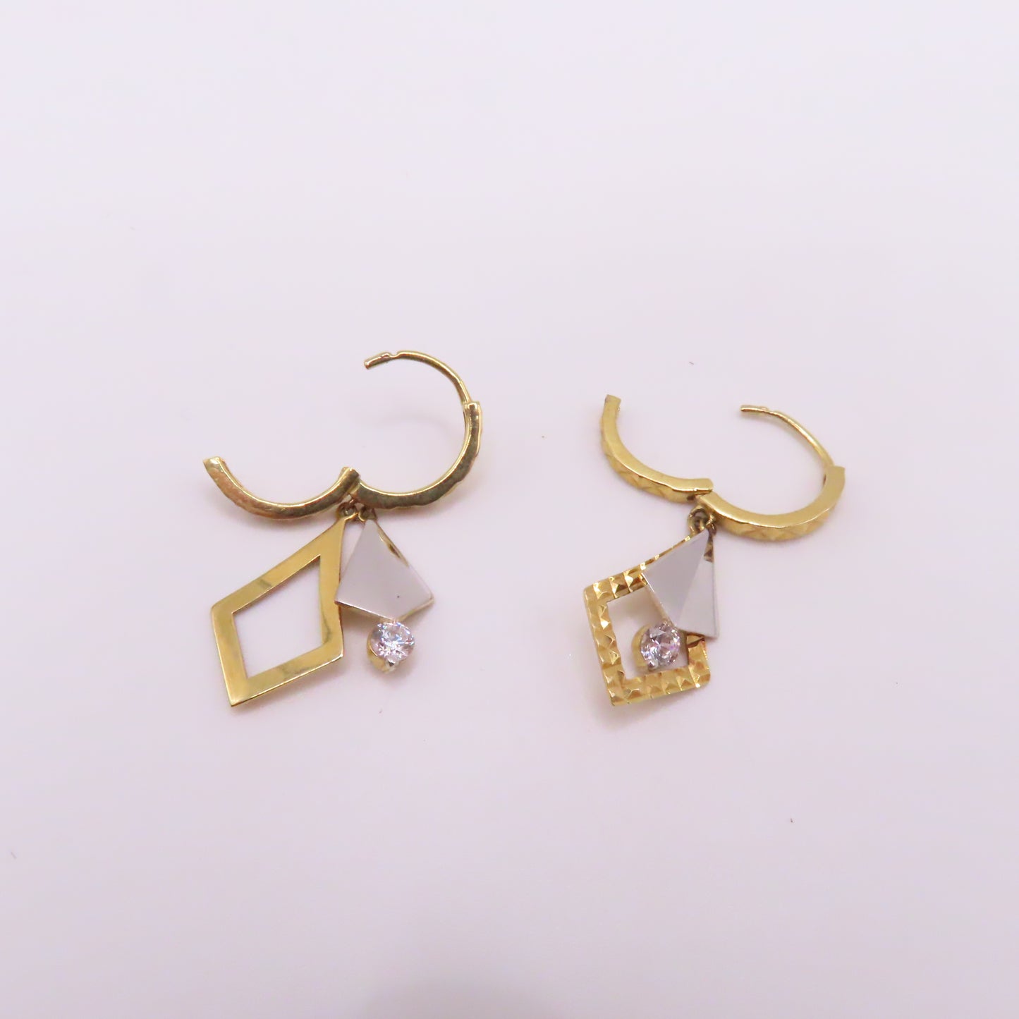 10K Two Tone Yellow & White Gold Kite Geometric Dangle Earrings 1" 1.9g