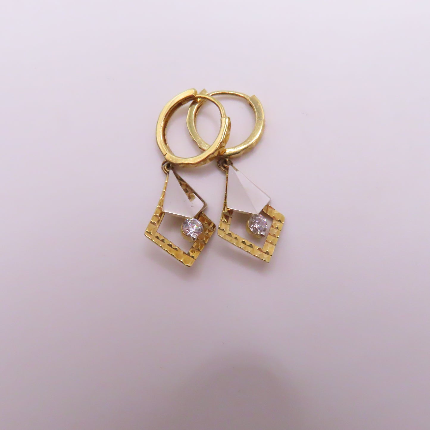 10K Two Tone Yellow & White Gold Kite Geometric Dangle Earrings 1" 1.9g