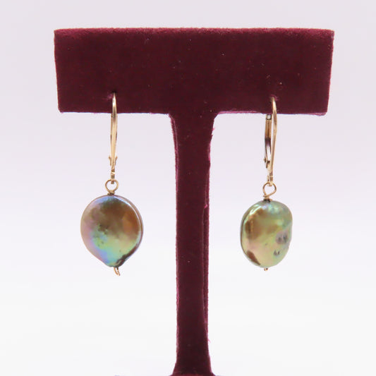14K Yellow Gold Round Pearl Dangle Earrings 1-1/4" 2.8g