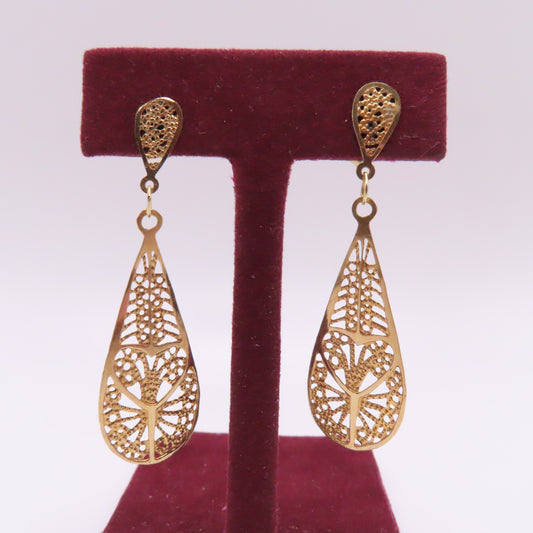 14K Yellow Gold Tear Drop Ornate Filigree Dangle Earrings 1-3/4" 1.9g