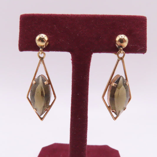 14K Yellow Gold Marquise Smoky Gem Stone Kite Dangle Earrings 1-1/4" 3g