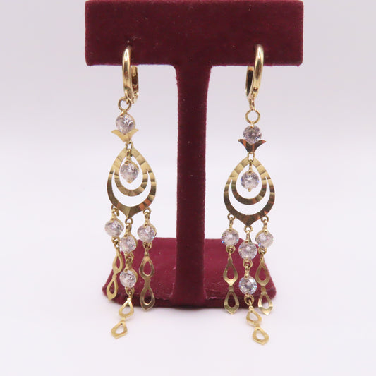 14K Yellow Gold Tear Drop CZ Graduated Dangle Earrings 2-3/4" 5g