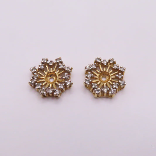 14K Yellow Gold Diamond Snowflake Starburst Earring Jackets 4.2g