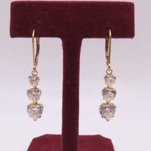 14K Yellow Gold Heart Cut CZ Graduated Dangle Earrings 1-1/4" 2.2g