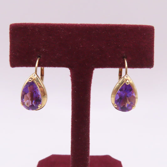 14K Yellow Gold Pear Shaped Amethyst Drop Leverback Earrings 3/4" 2.2g