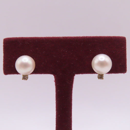 14K Yellow Gold Round White Pearl and Diamond Stud Earrings 1.7g