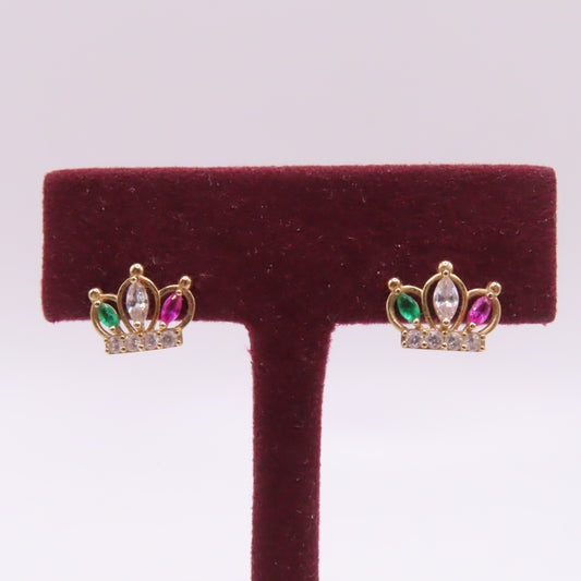 14K Yellow Gold Crown Tiara Design Marquise Cut Green White Pink Stone Screw Back Earrings .7g