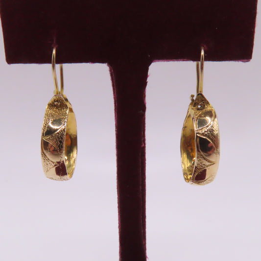10K Yellow Gold Textured Bangle Hoop Drop Dangle Earrings 1" 1.9g