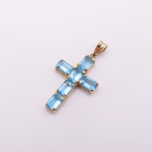 14K Yellow Gold Emerald Cut Blue Topaz Cross Pendant 1-1/4" 2.6g