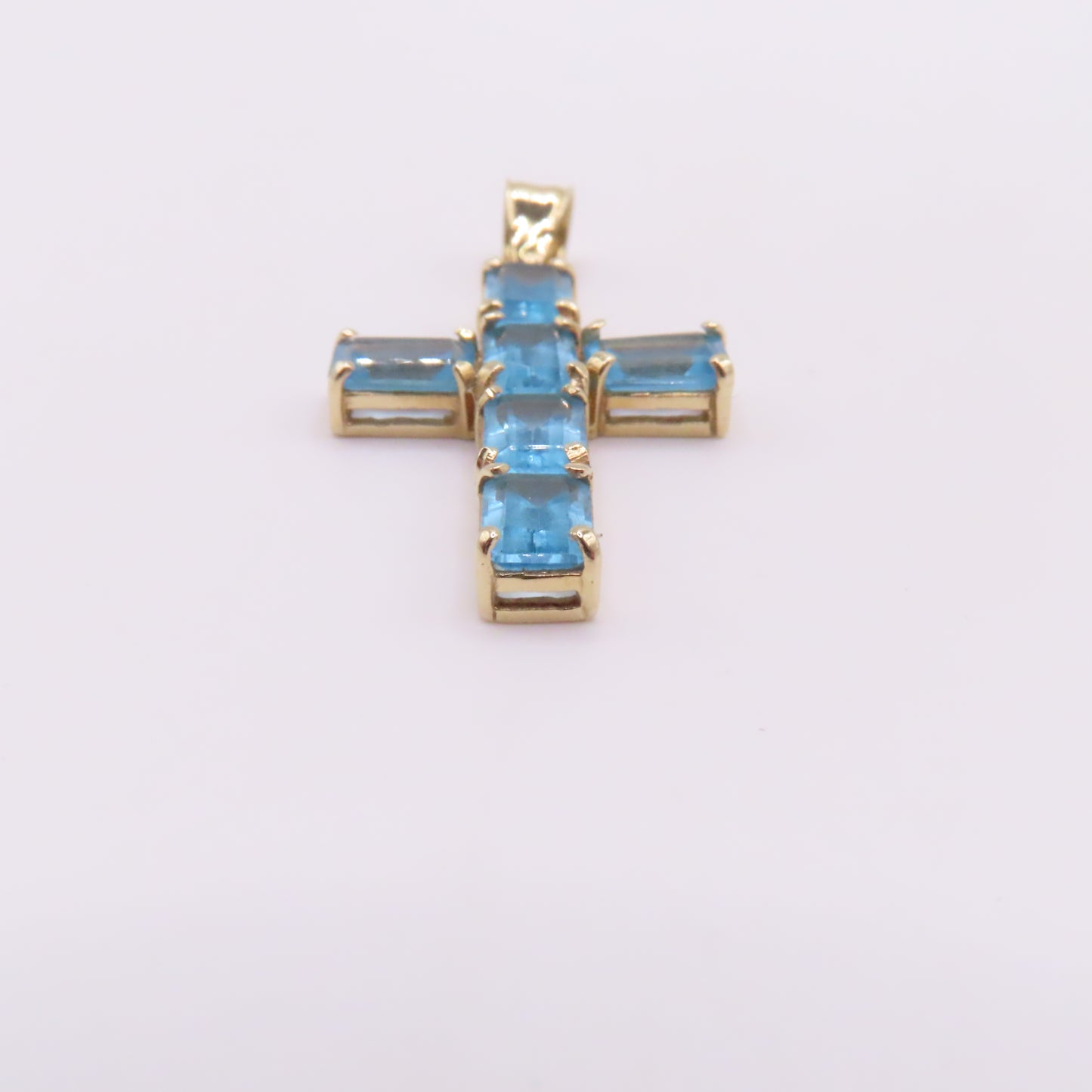 14K Yellow Gold Emerald Cut Blue Topaz Cross Pendant 1-1/4" 2.6g