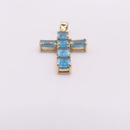 14K Yellow Gold Emerald Cut Blue Topaz Cross Pendant 1-1/4" 2.6g