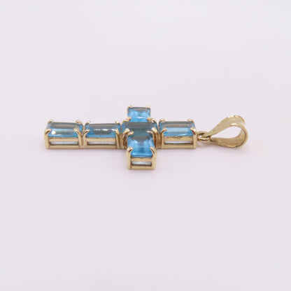 14K Yellow Gold Emerald Cut Blue Topaz Cross Pendant 1-1/4" 2.6g