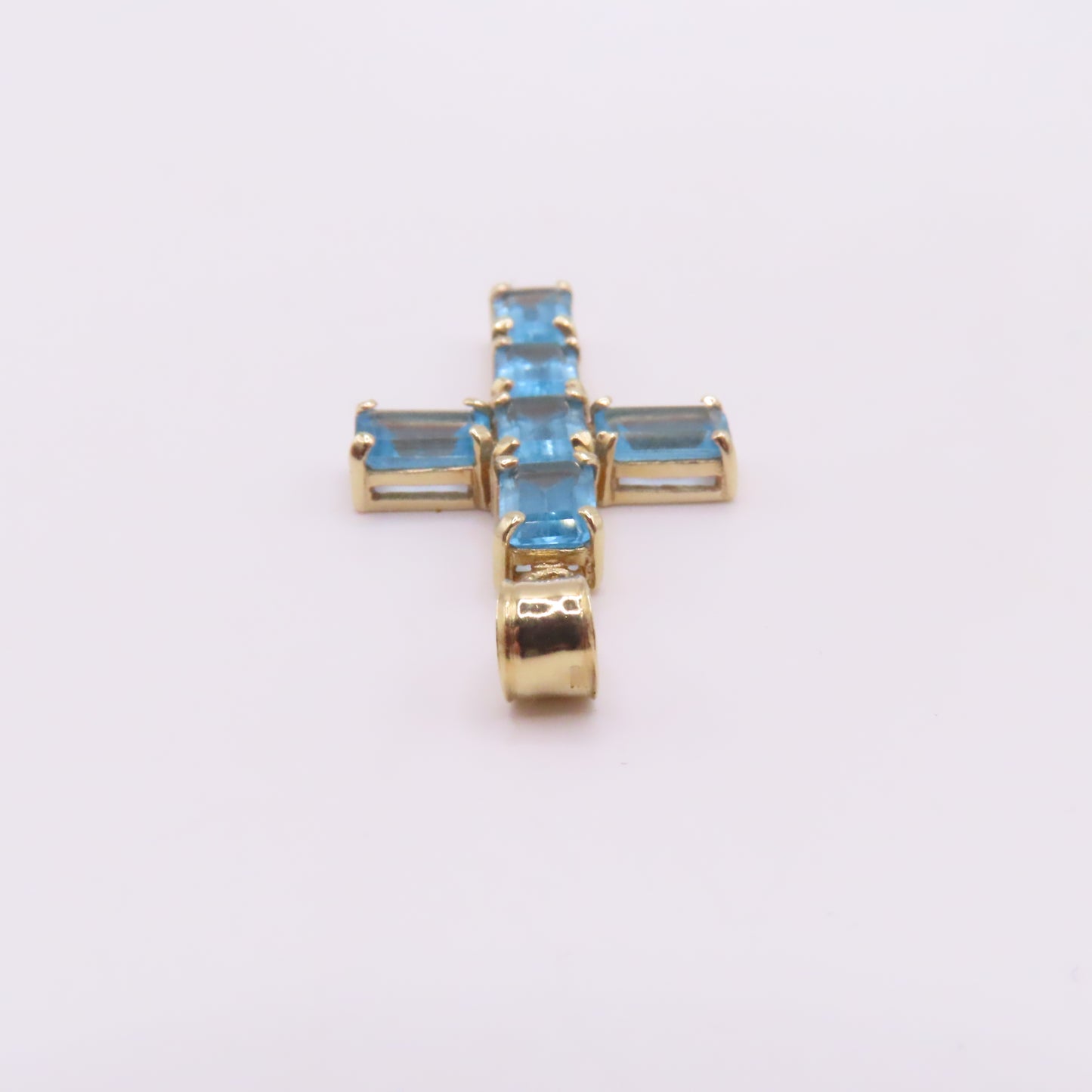 14K Yellow Gold Emerald Cut Blue Topaz Cross Pendant 1-1/4" 2.6g