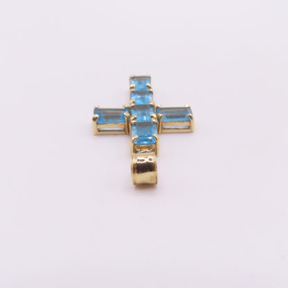 14K Yellow Gold Emerald Cut Blue Topaz Cross Pendant 1-1/4" 2.6g