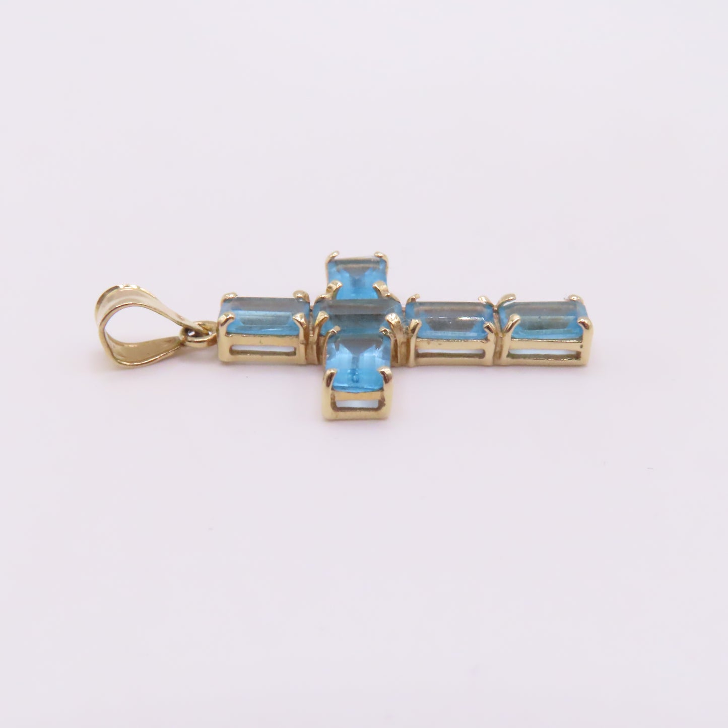 14K Yellow Gold Emerald Cut Blue Topaz Cross Pendant 1-1/4" 2.6g