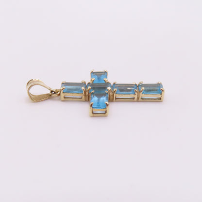 14K Yellow Gold Emerald Cut Blue Topaz Cross Pendant 1-1/4" 2.6g
