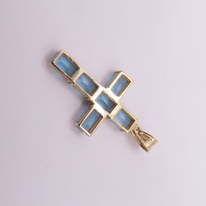 14K Yellow Gold Emerald Cut Blue Topaz Cross Pendant 1-1/4" 2.6g