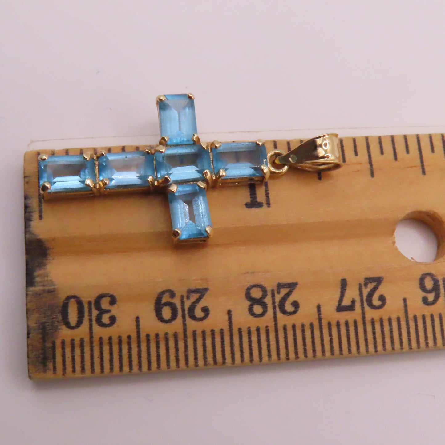 14K Yellow Gold Emerald Cut Blue Topaz Cross Pendant 1-1/4" 2.6g