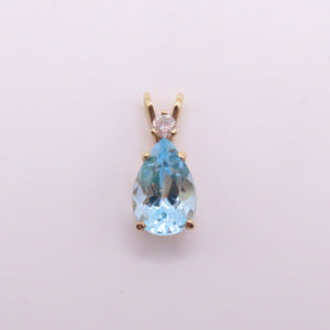 14K Yellow Gold Pear Blue Topaz & Round Diamond Pendant 3/4" 2g