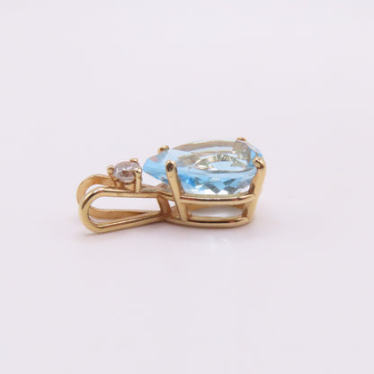 14K Yellow Gold Pear Blue Topaz & Round Diamond Pendant 3/4" 2g