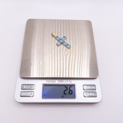 14K Yellow Gold Emerald Cut Blue Topaz Cross Pendant 1-1/4" 2.6g