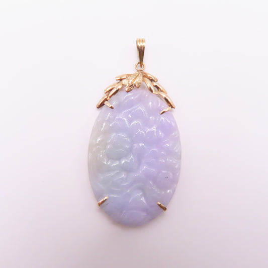 14K Yellow Gold Carved Lavender Green Jade Oval Pendant 2-1/4" 11.3g