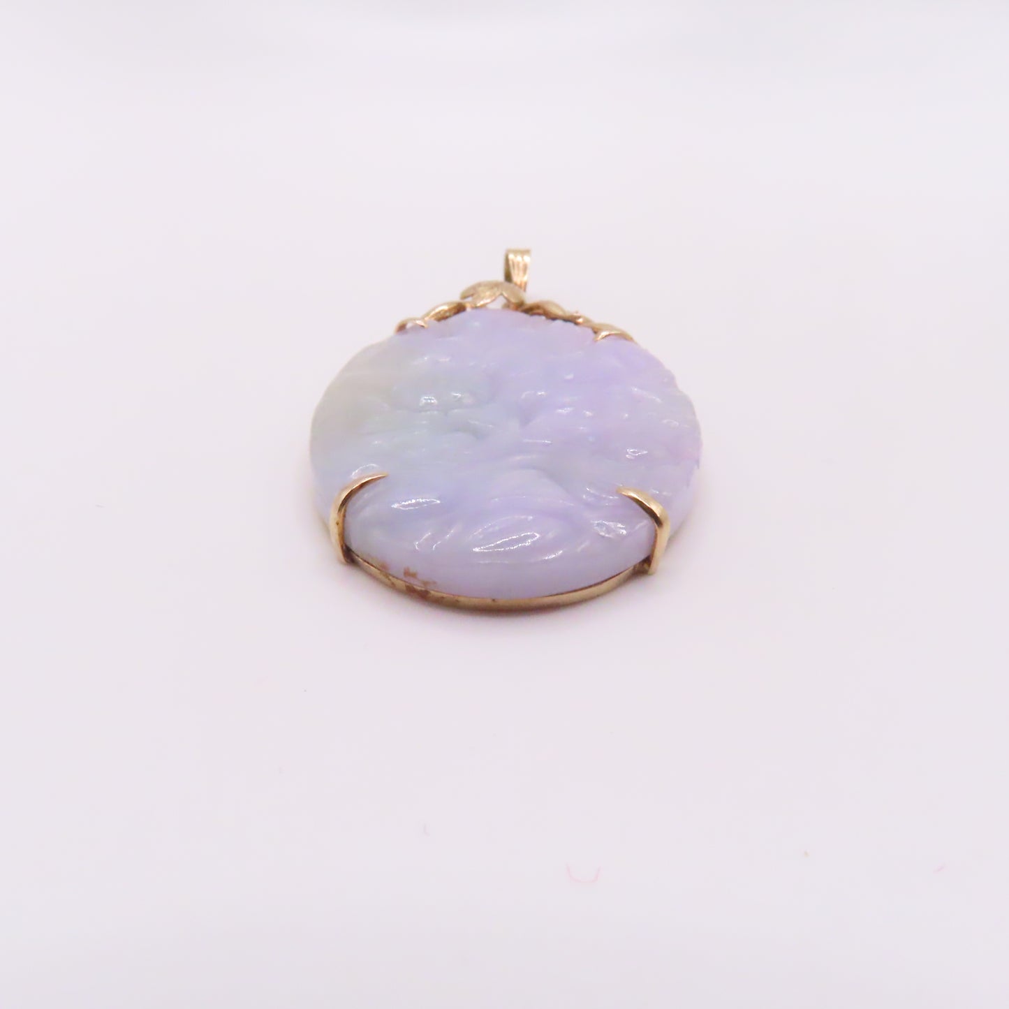 14K Yellow Gold Carved Lavender Green Jade Oval Pendant 2-1/4" 11.3g
