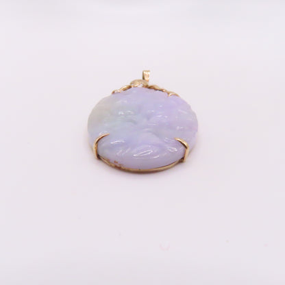14K Yellow Gold Carved Lavender Green Jade Oval Pendant 2-1/4" 11.3g