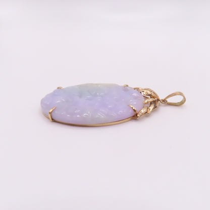 14K Yellow Gold Carved Lavender Green Jade Oval Pendant 2-1/4" 11.3g