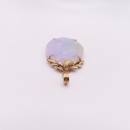 14K Yellow Gold Carved Lavender Green Jade Oval Pendant 2-1/4" 11.3g