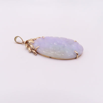 14K Yellow Gold Carved Lavender Green Jade Oval Pendant 2-1/4" 11.3g