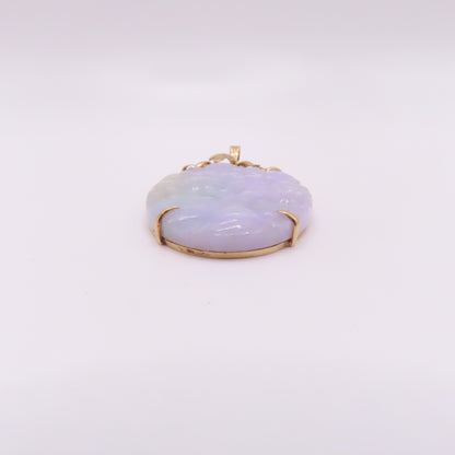 14K Yellow Gold Carved Lavender Green Jade Oval Pendant 2-1/4" 11.3g