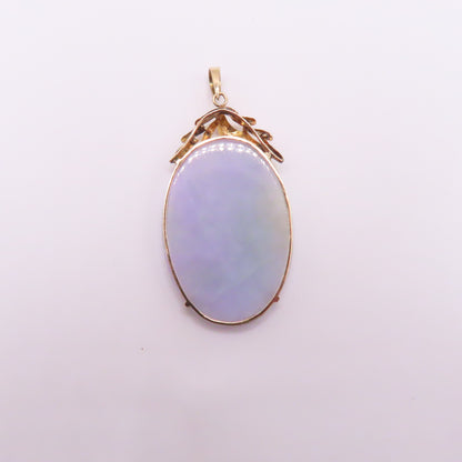 14K Yellow Gold Carved Lavender Green Jade Oval Pendant 2-1/4" 11.3g
