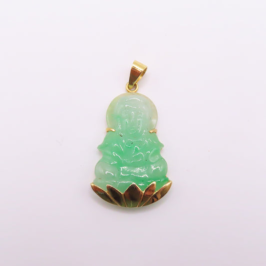 18K Yellow Gold Green Jade Carved Guan Yin Buddah Lotus Pendant 1-1/2" 6.5g
