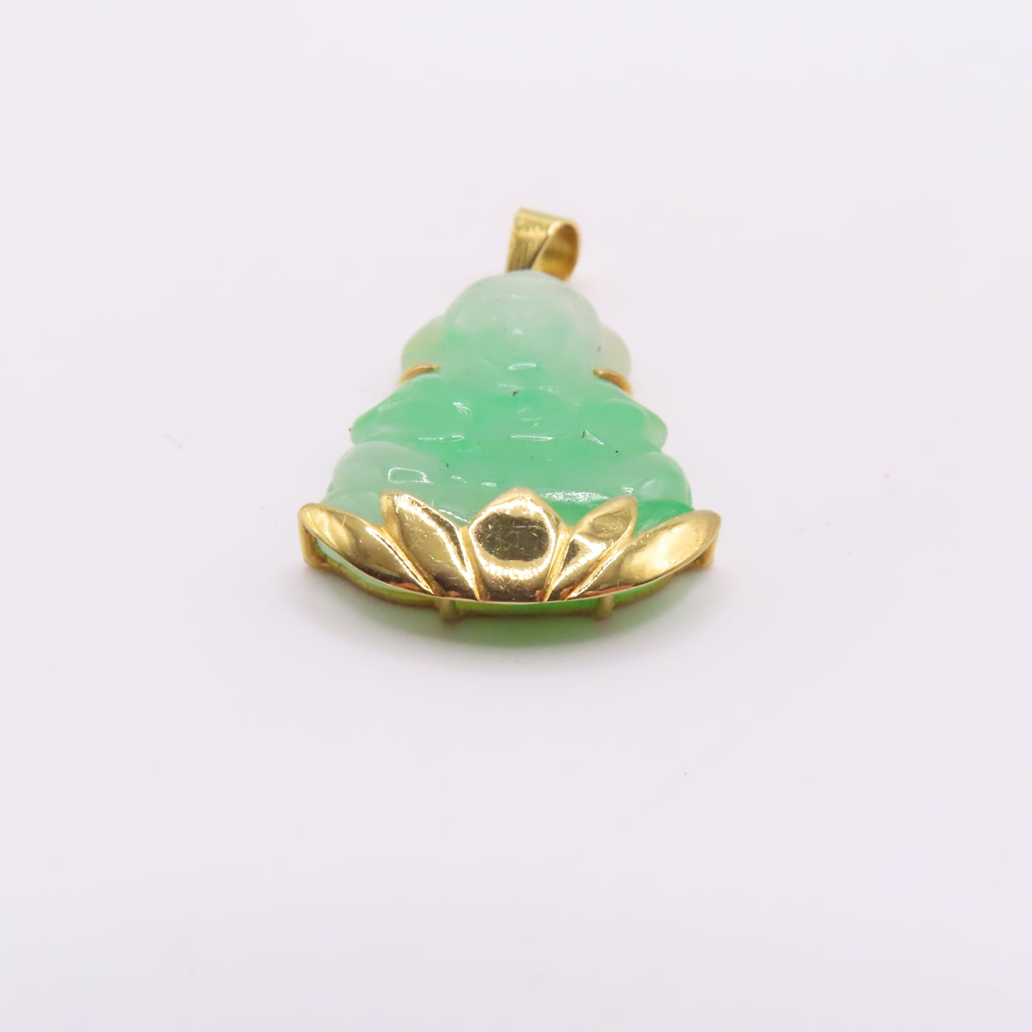 18K Yellow Gold Green Jade Carved Guan Yin Buddah Lotus Pendant 1-1/2" 6.5g