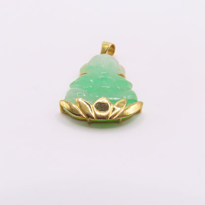 18K Yellow Gold Green Jade Carved Guan Yin Buddah Lotus Pendant 1-1/2" 6.5g