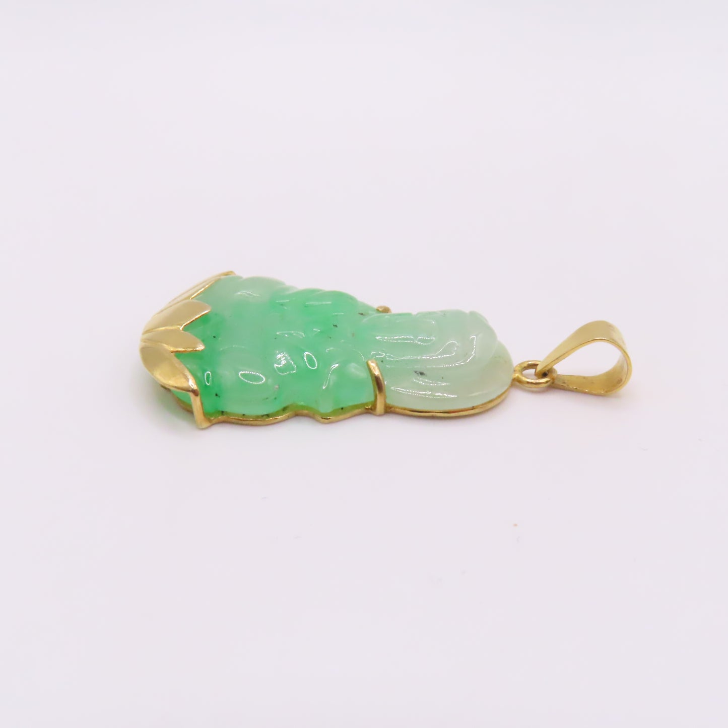 18K Yellow Gold Green Jade Carved Guan Yin Buddah Lotus Pendant 1-1/2" 6.5g