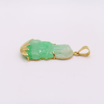 18K Yellow Gold Green Jade Carved Guan Yin Buddah Lotus Pendant 1-1/2" 6.5g