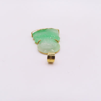 18K Yellow Gold Green Jade Carved Guan Yin Buddah Lotus Pendant 1-1/2" 6.5g