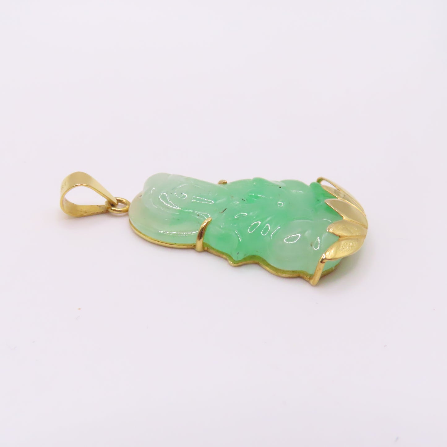 18K Yellow Gold Green Jade Carved Guan Yin Buddah Lotus Pendant 1-1/2" 6.5g