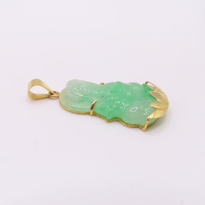 18K Yellow Gold Green Jade Carved Guan Yin Buddah Lotus Pendant 1-1/2" 6.5g