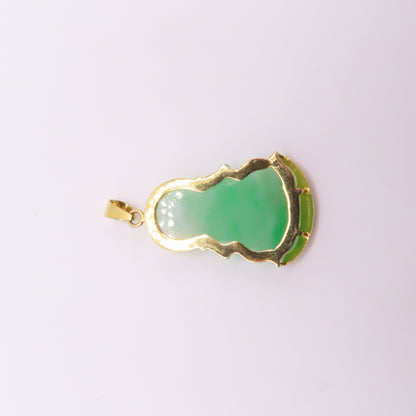 18K Yellow Gold Green Jade Carved Guan Yin Buddah Lotus Pendant 1-1/2" 6.5g